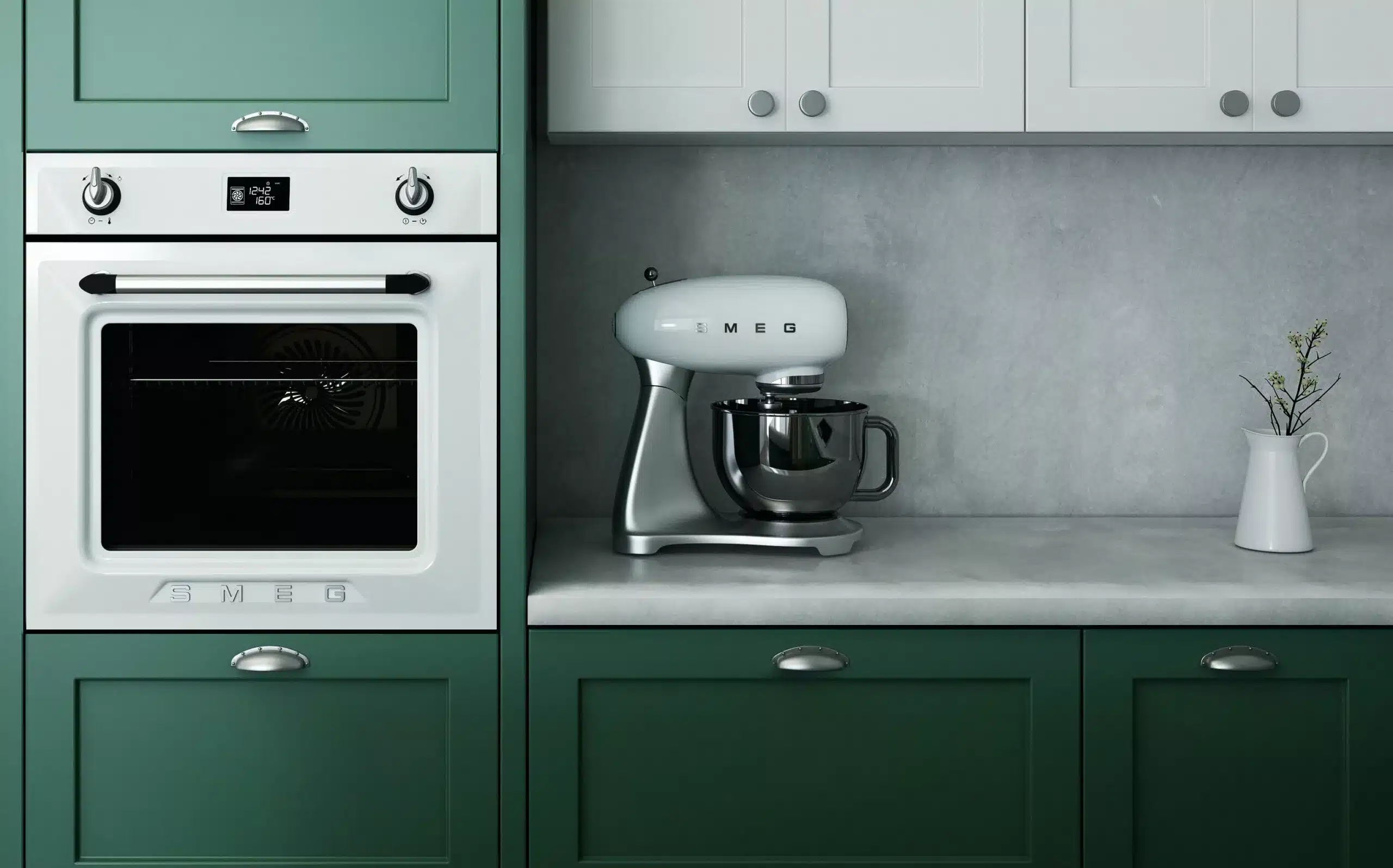 Kitchen with green cabinets and mixer on table counter for person with chronic illness and limited hand strength.