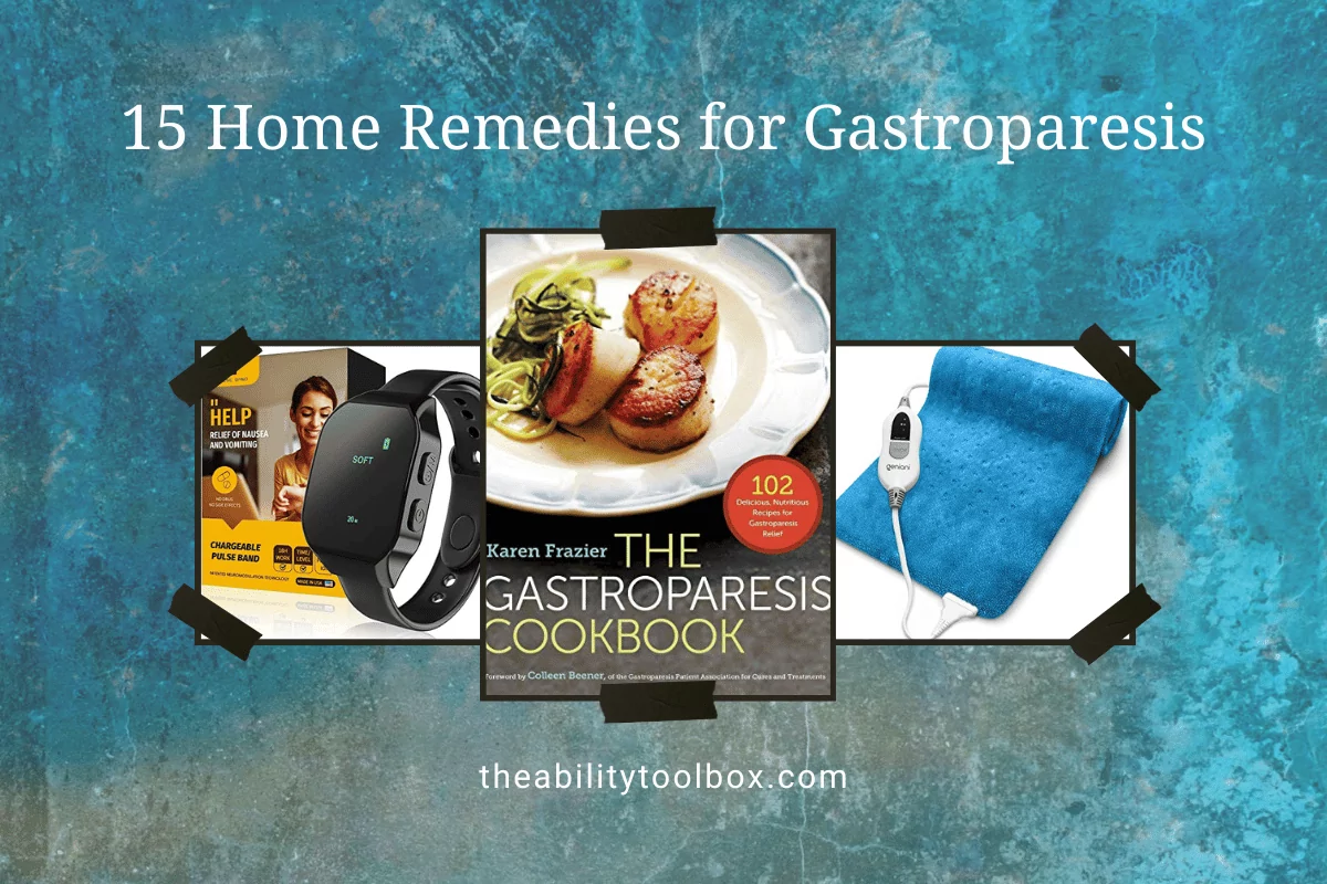 Home remedies for gastroparesis: anti-nausea band, cookbook, heating pad.