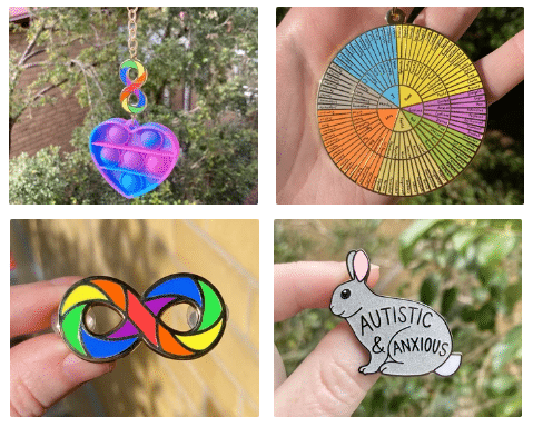 Autism pins and feelings wheel keychain.