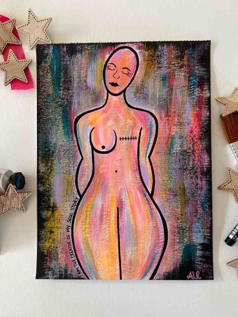 Painting of woman with left side mastectomy.