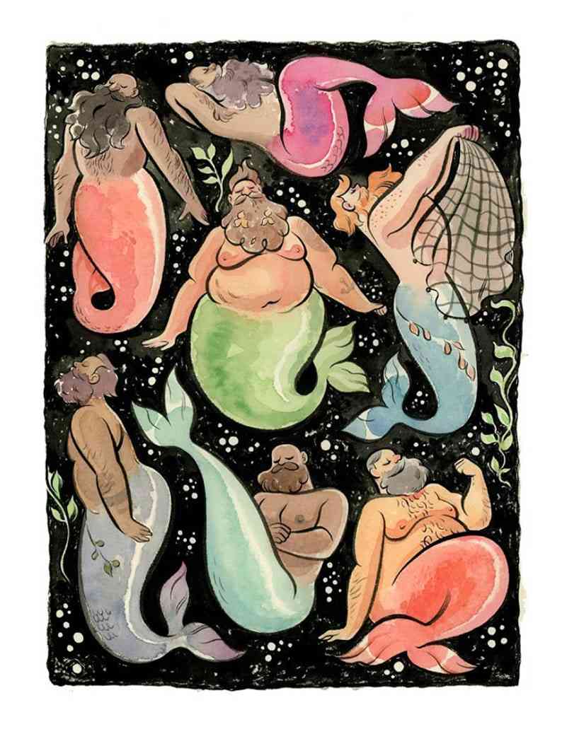 Mermen of diverse sizes frolic in the ocean. Body positive for men.