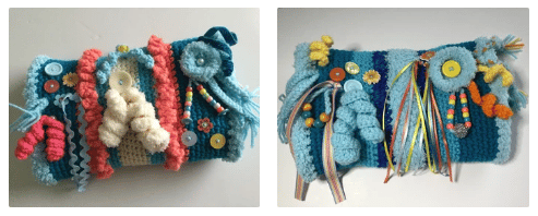 Sensory muffs for ADHJD and autism, knitted with buttons, beads, and ribbons in bright colors.