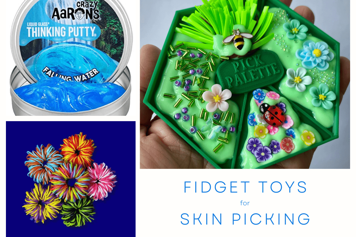 Fidget toys for skin picking, dermatillomania, and trichotillomania. Pick palette, thinking putty, and keychain with elastic bands for BFRBs.