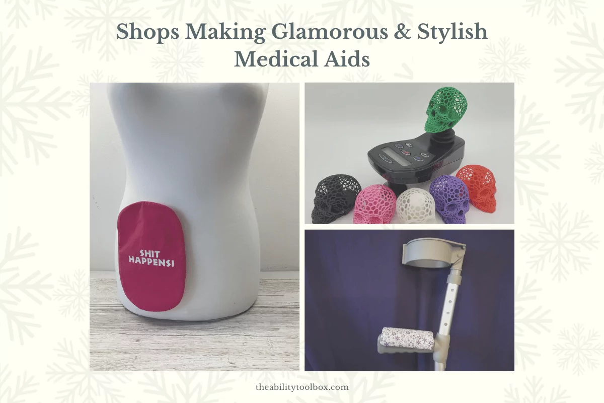 Stylish medical aids including S*** Happens colostomy bag cover, skull power wheelchair joystick knob, floral padded crutch handle.