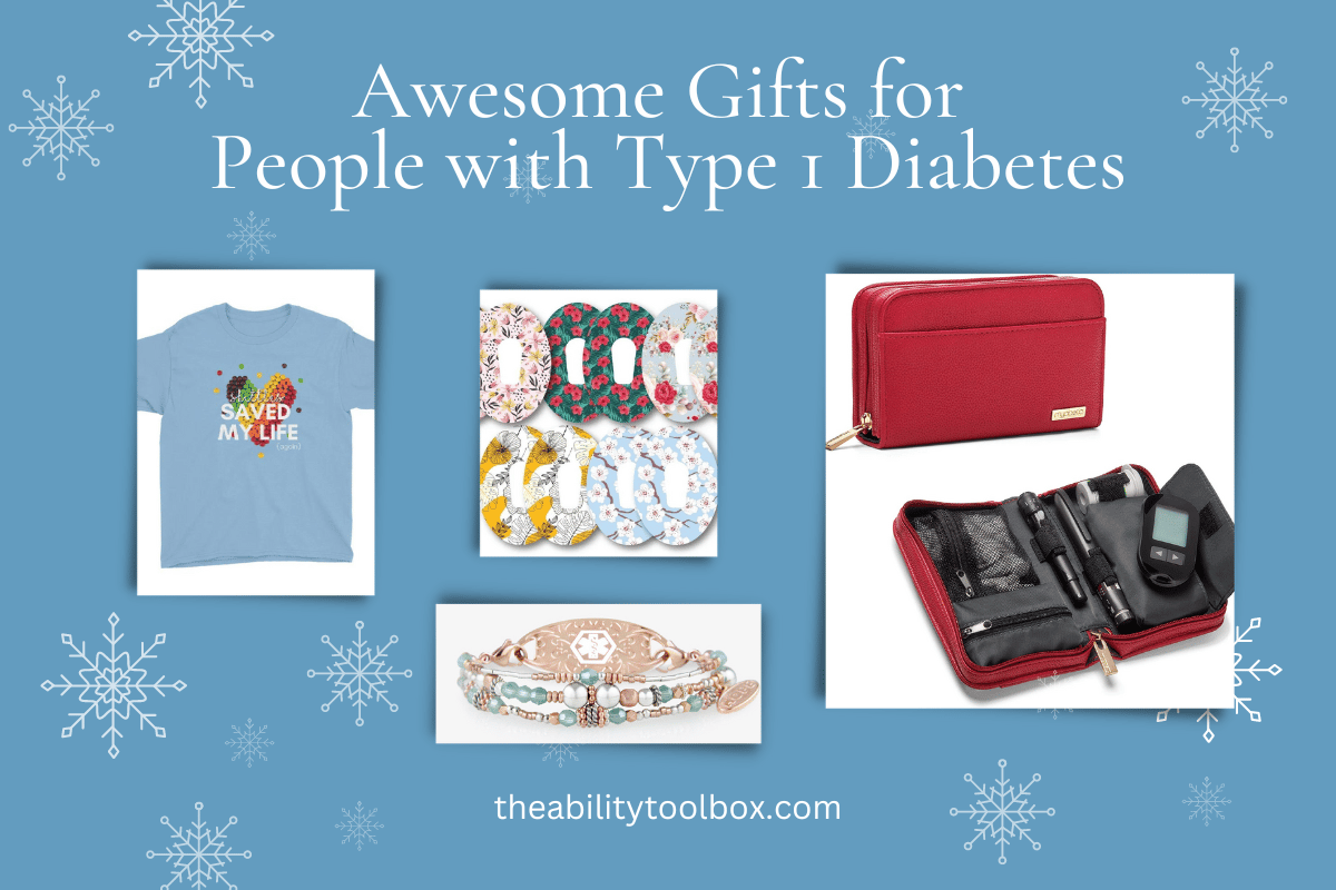 Type 1 Diabetes gifts: T-shirt, colorful insulin pump patches, diabetic supplies bag, medical ID bracelet.