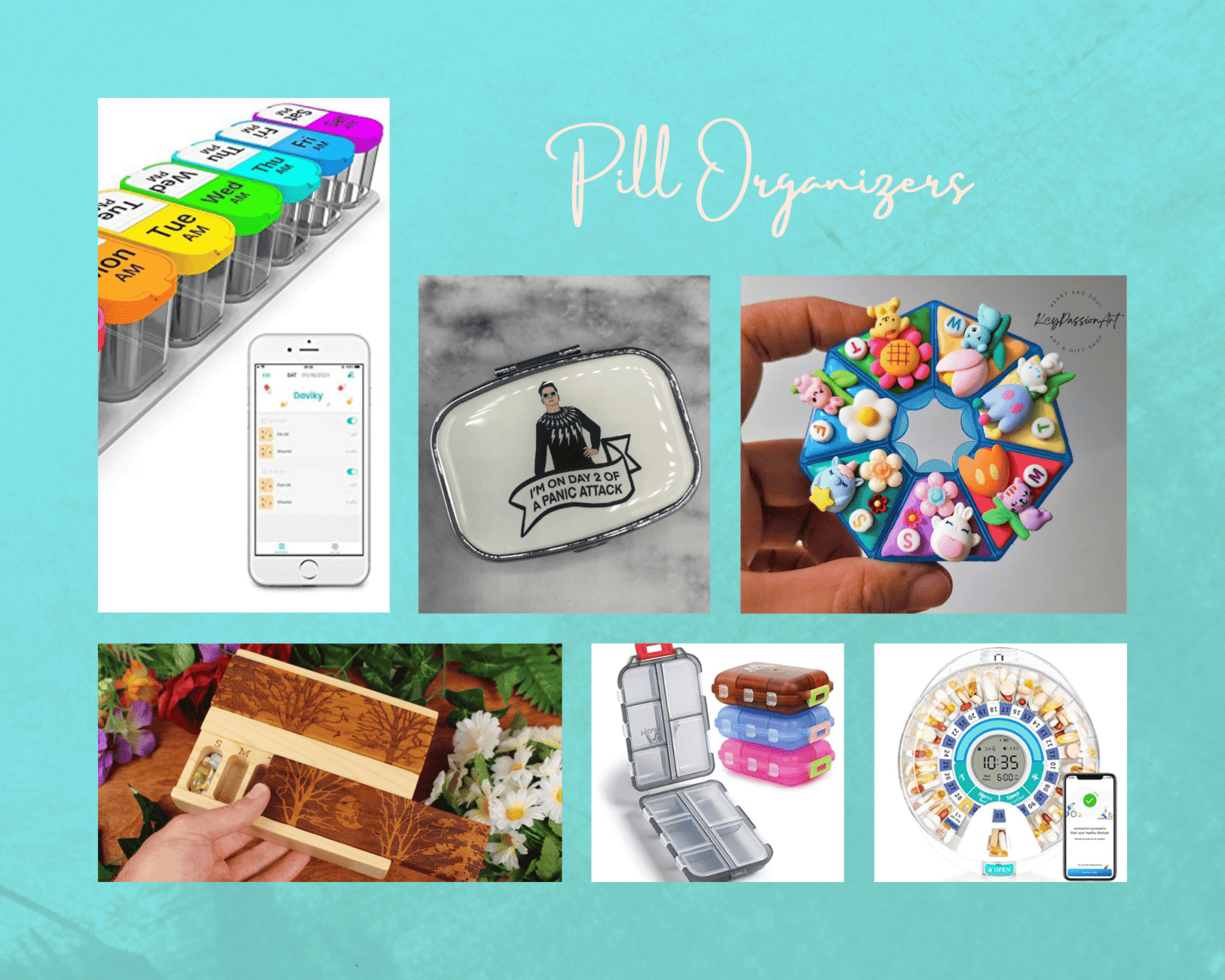 Pill organizers - collage of medication boxes with compartments