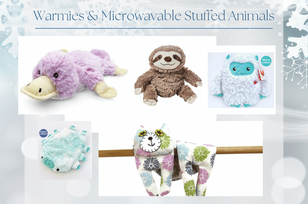 Warmies and microwavable stuffed animals - assortment of heated plush toys including tardigrade, platypus, sloth, cat, and Yeti.
