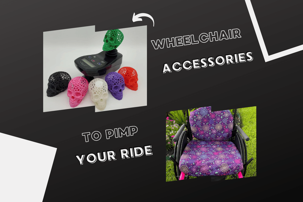 Wheelchair accessories including seat covers, joystick ball, lights, and bags that are fashionable and useful