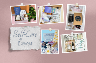 Self-Care Boxes and Mental Health Kits -- collage of items for chronic illness, depression, anxiety, and general comfort including soap, tea, and candles.