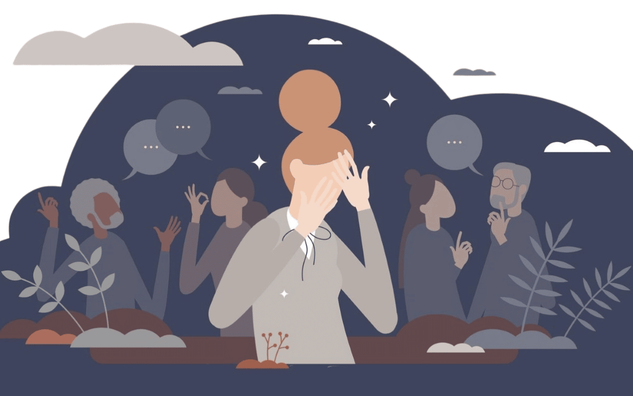 Communication skills for people with social anxiety. Vector art of a stressed woman with other people enjoying conversations around her.