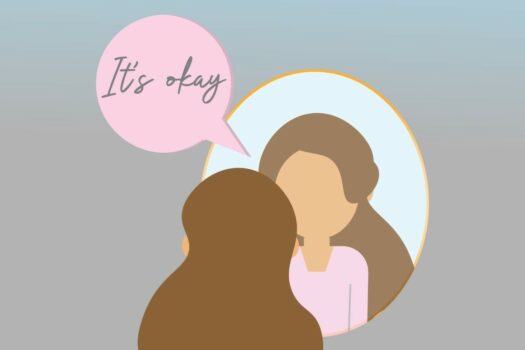 Self-compassion. Looking at oneself in the mirror.