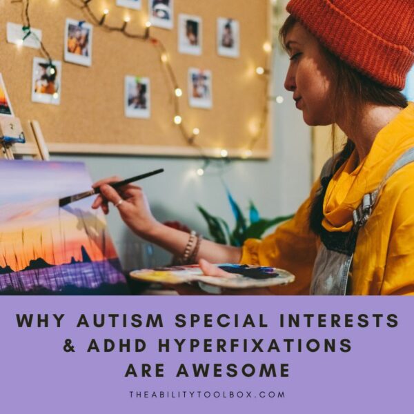 Understanding autism special interests and ADHD hyperfixations. Woman painting with a board of photos behind her.