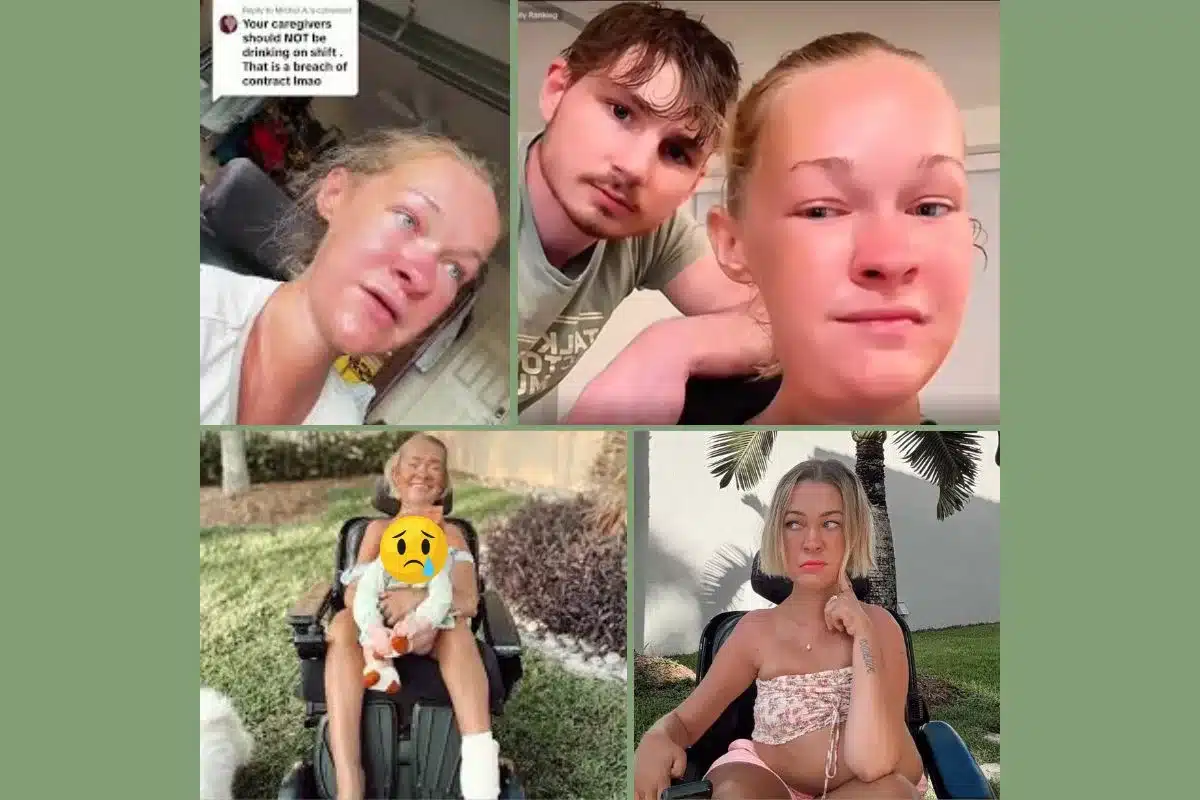 Toxic disability influencer Alex Dacy AKA Wheelchair Rapunzel -- collage of images of her and boyfriend Noah being problematic.