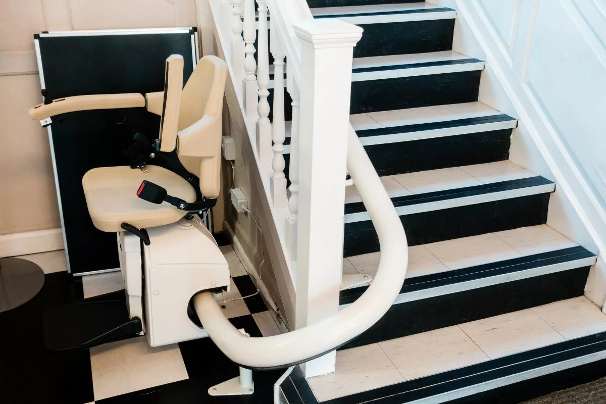 Curved stairlift in a home.