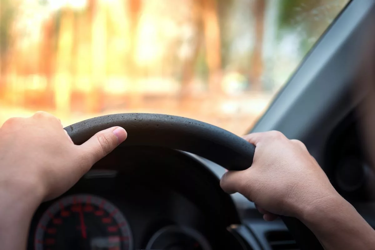 Person driving with hands on steering wheel.