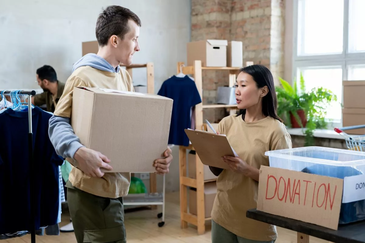 Social workers at a charity donation center.