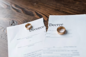 Divorce decree and rings.