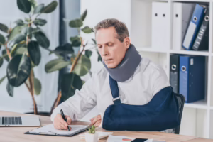 Man with neck brace and arm sling after injury.