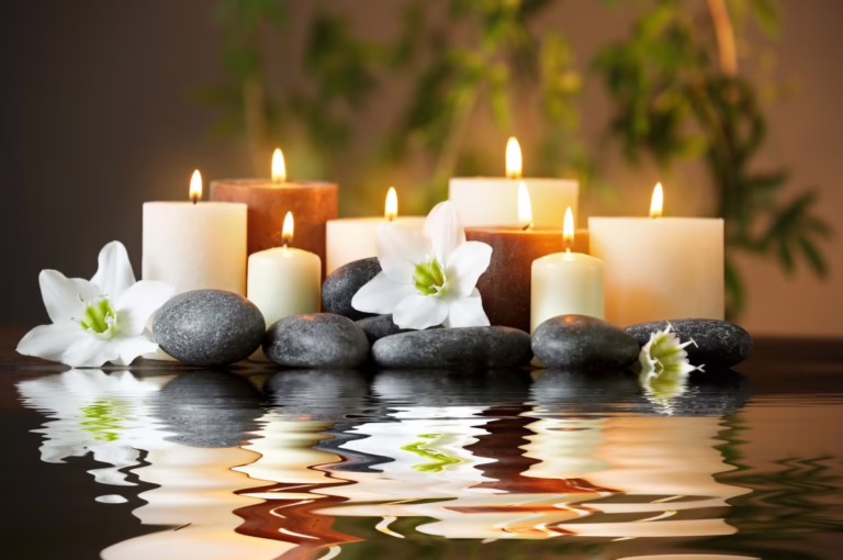 Meditation pool with candles.
