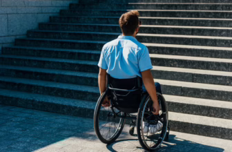 Seeking compensation for ADA violations is justice, not profiteering. Man in wheelchair facing a flight of stairs.