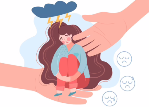 Drawing of a Woman with a storm cloud over her head..