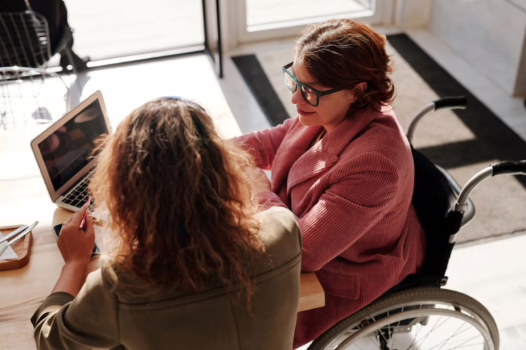 Woman in wheelchair and colleague looking at computer.