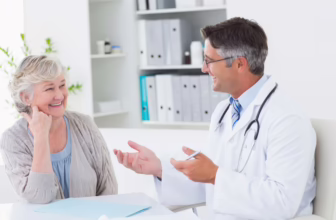 Senior woman talking to doctor.
