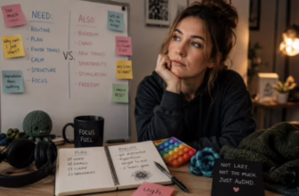 Woman with AuDHD surrounded by planners and fidget toys.