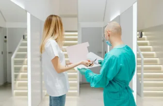 Doctor and patient looking at file.