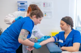 Nursing students in a clinical setting.